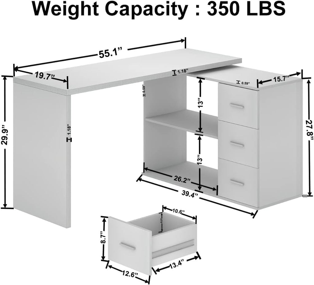 White L Shaped Corner Desk with 3 Drawers 55 inch J962