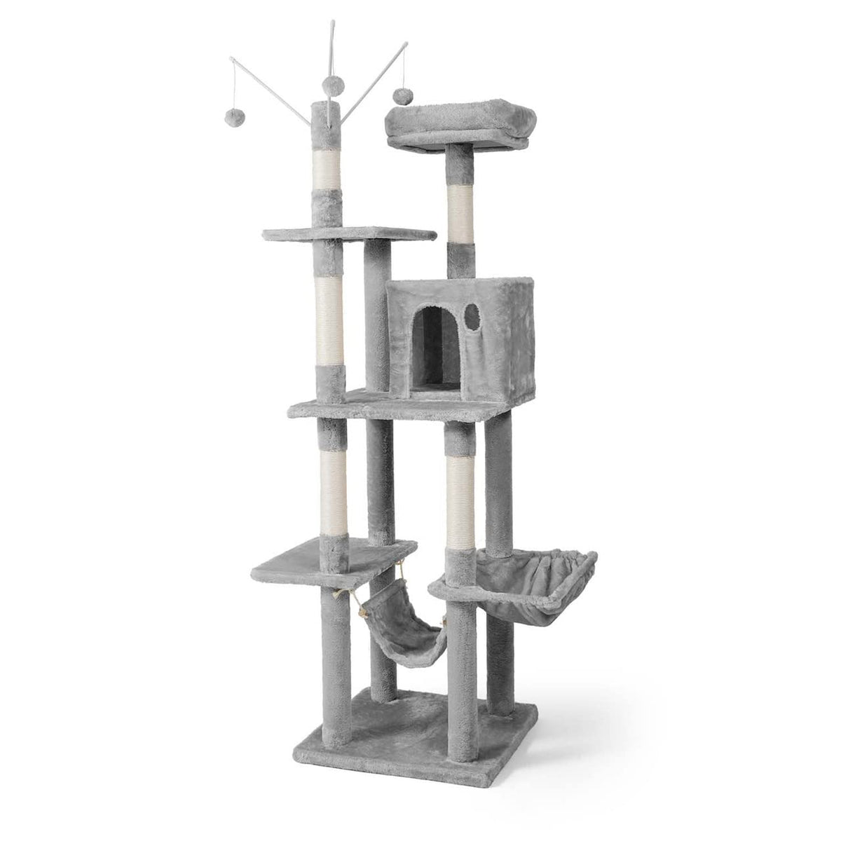 Tall Multi-Level Cat Tree with Scratching Posts, Hammock, Cat Cave Condo T50735