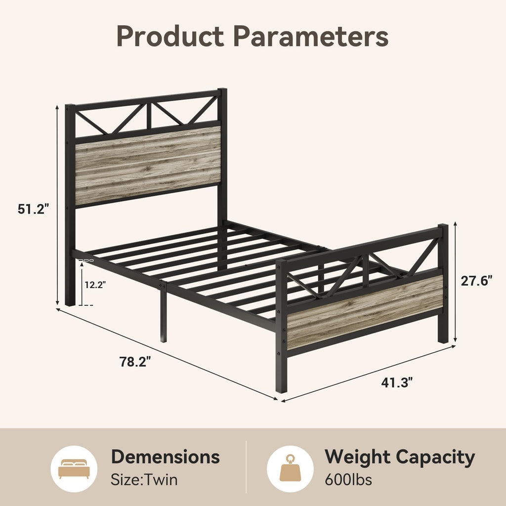 Wash Grey Twin Size Bed Frame with Tall Headboard L8689
