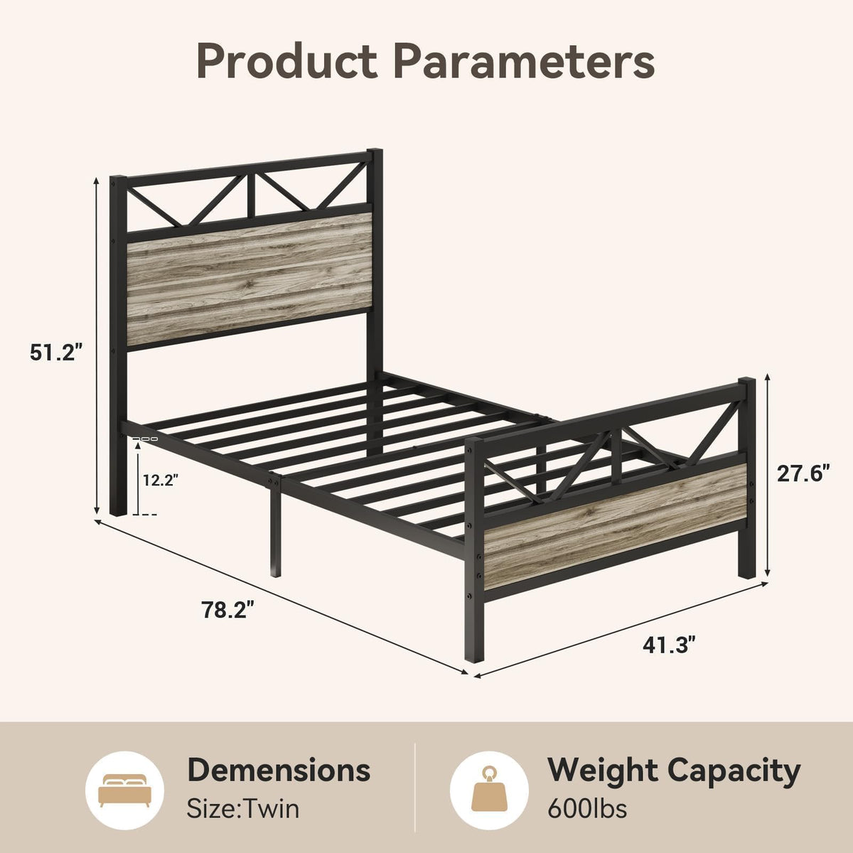 Wash Grey Twin Size Bed Frame with Tall Headboard L8689