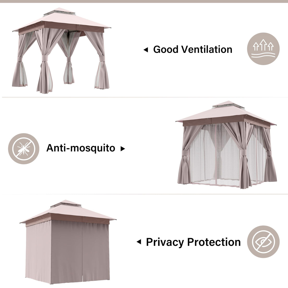 8x8 Outdoor Gazebo with Curtains, Netting & Double Roof H57898