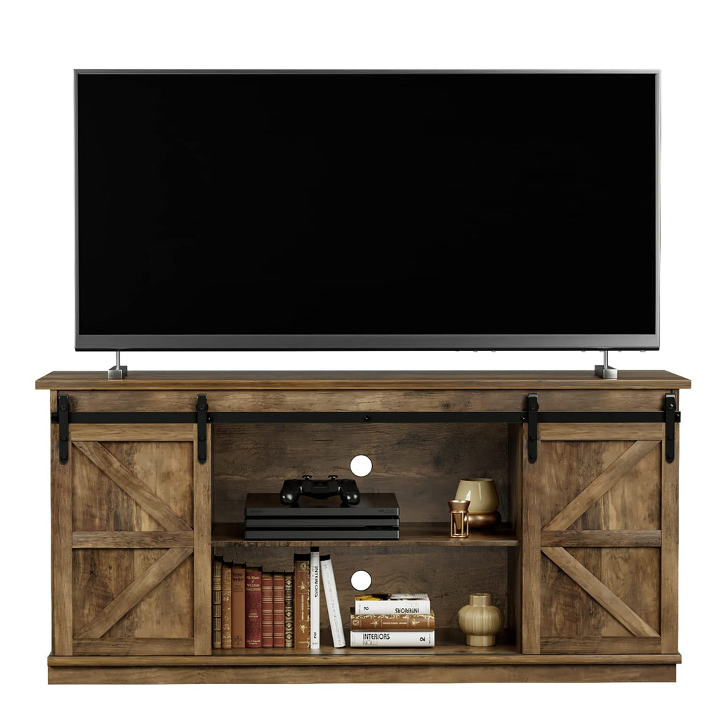 Farmhouse TV Stand for 65 Inch TV with Sliding Barn Doors and Storage Cabinets V481