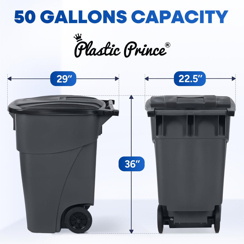 50 Gallon Gray Outdoor Trash Can with Lid and Wheels U4179