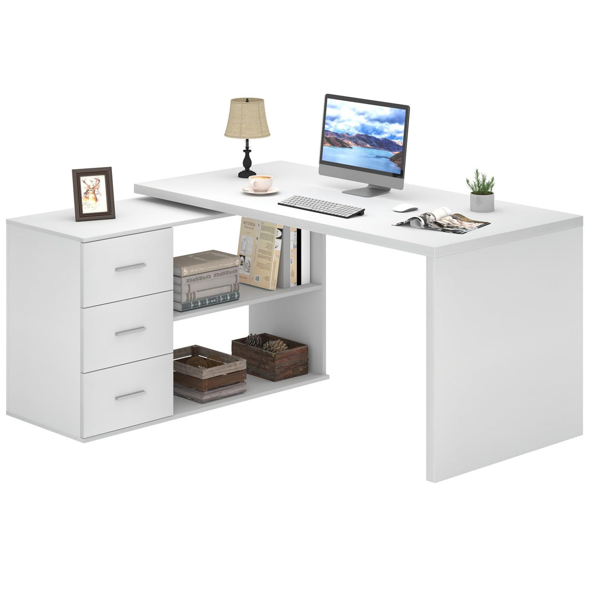 White L Shaped Corner Desk with 3 Drawers 55 inch J962