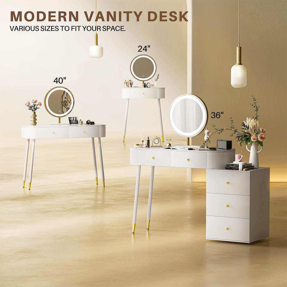 White 40" Vanity Desk with Mirror and Lights S6509