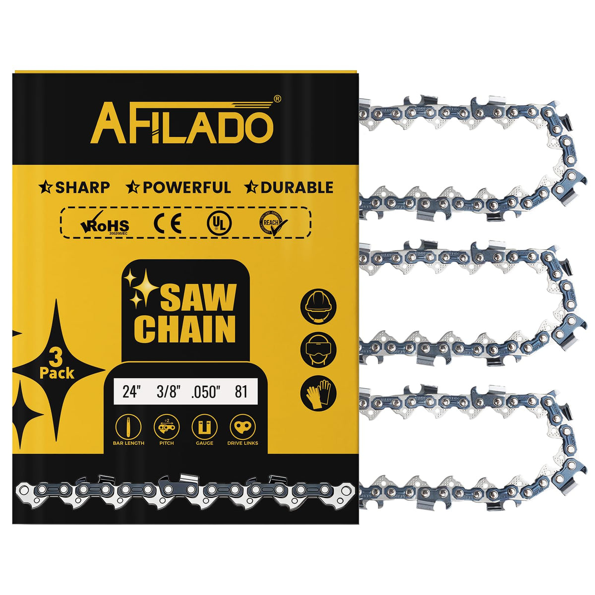 3 Pack 24 Inch Chainsaw Chain 81 Drive Links I255