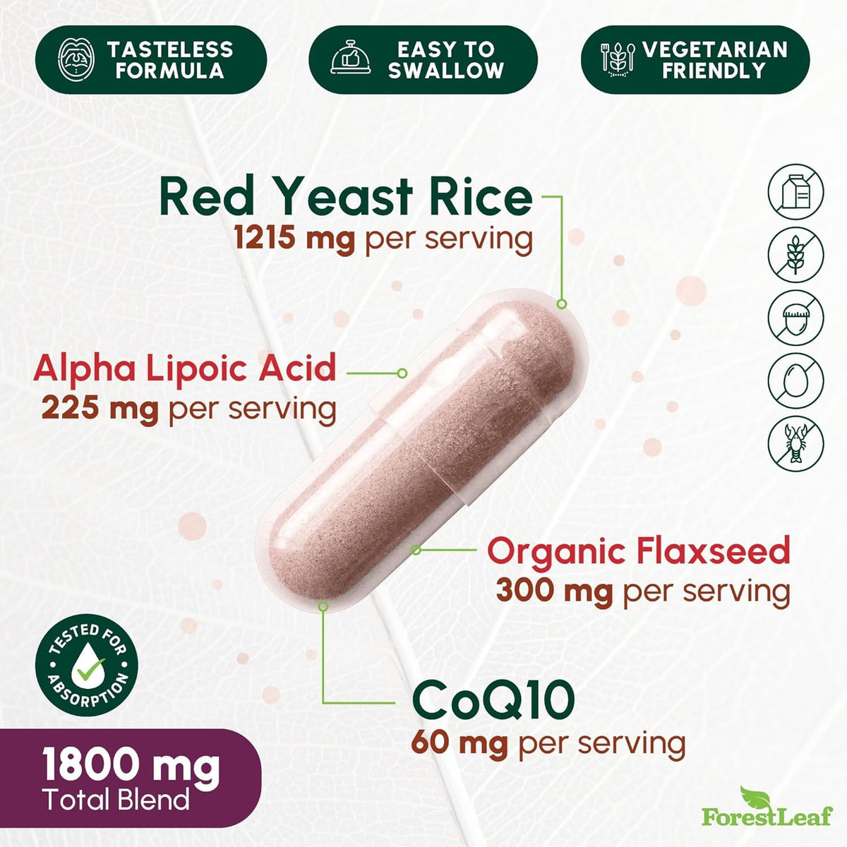 Red Yeast Rice 1215 mg CoQ10 Alpha Lipoic Acid Flaxseed 90 Capsules D4275