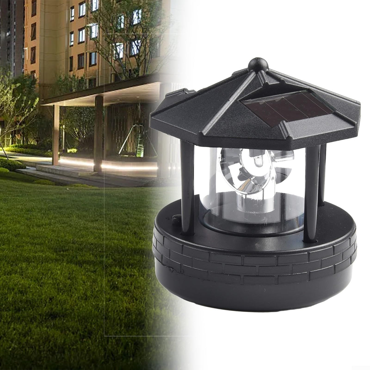 Solar Lighthouse Garden Light Rotatable Shade 360-Degree Outdoor Waterproof Lawn Street Lighting 2 Solar Panels Fast Charging ABS Material White Light Black Red 1pc 11x10x11cm(black) L1063
