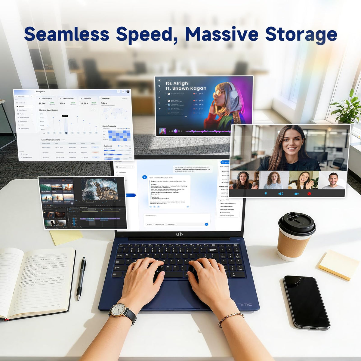 15.6" FHD Laptop, Intel 4 Cores, 8GB RAM, 256GB SSD J835