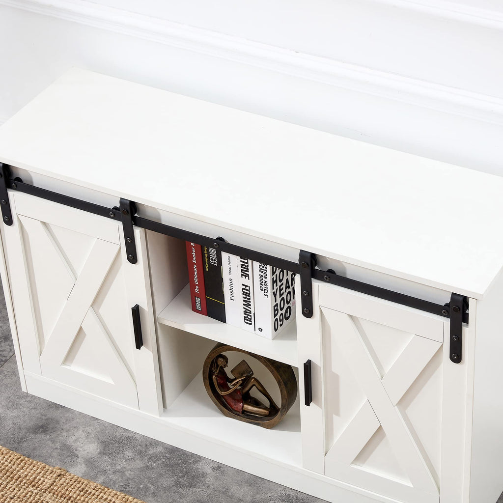White Farmhouse TV Stand with Sliding Barn Door and Storage Cabinets S72570
