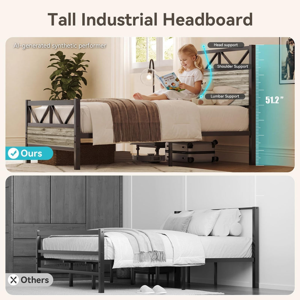 Wash Grey Twin Size Bed Frame with Tall Headboard L8689