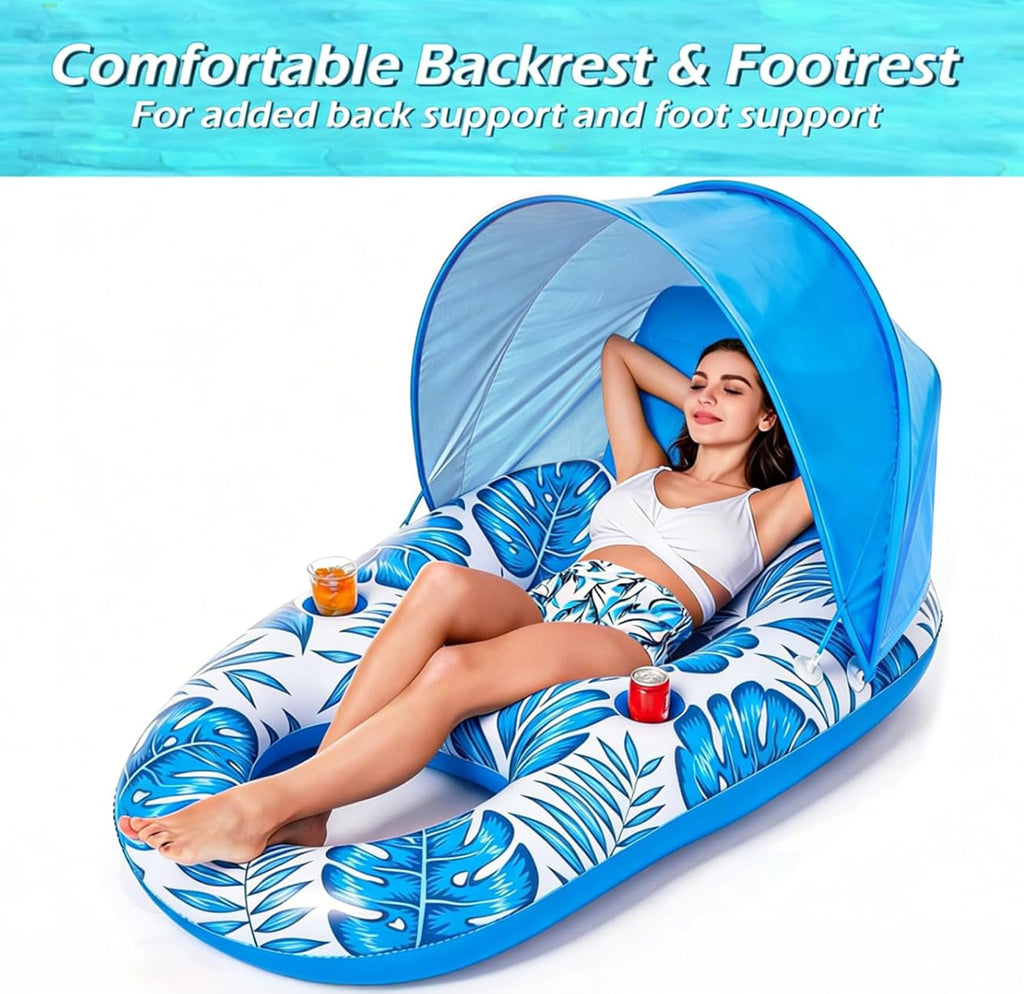 Inflatable Pool Float Lounger with Canopy and Cup Holders F57388