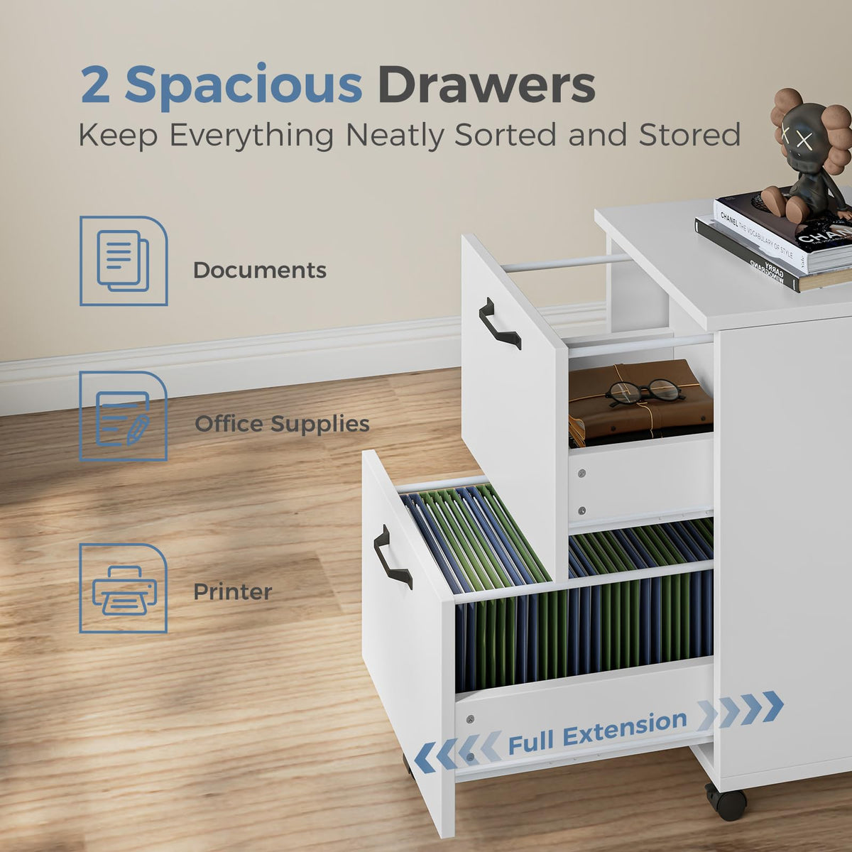 2 Drawer White Rolling Wood File Cabinet R81852