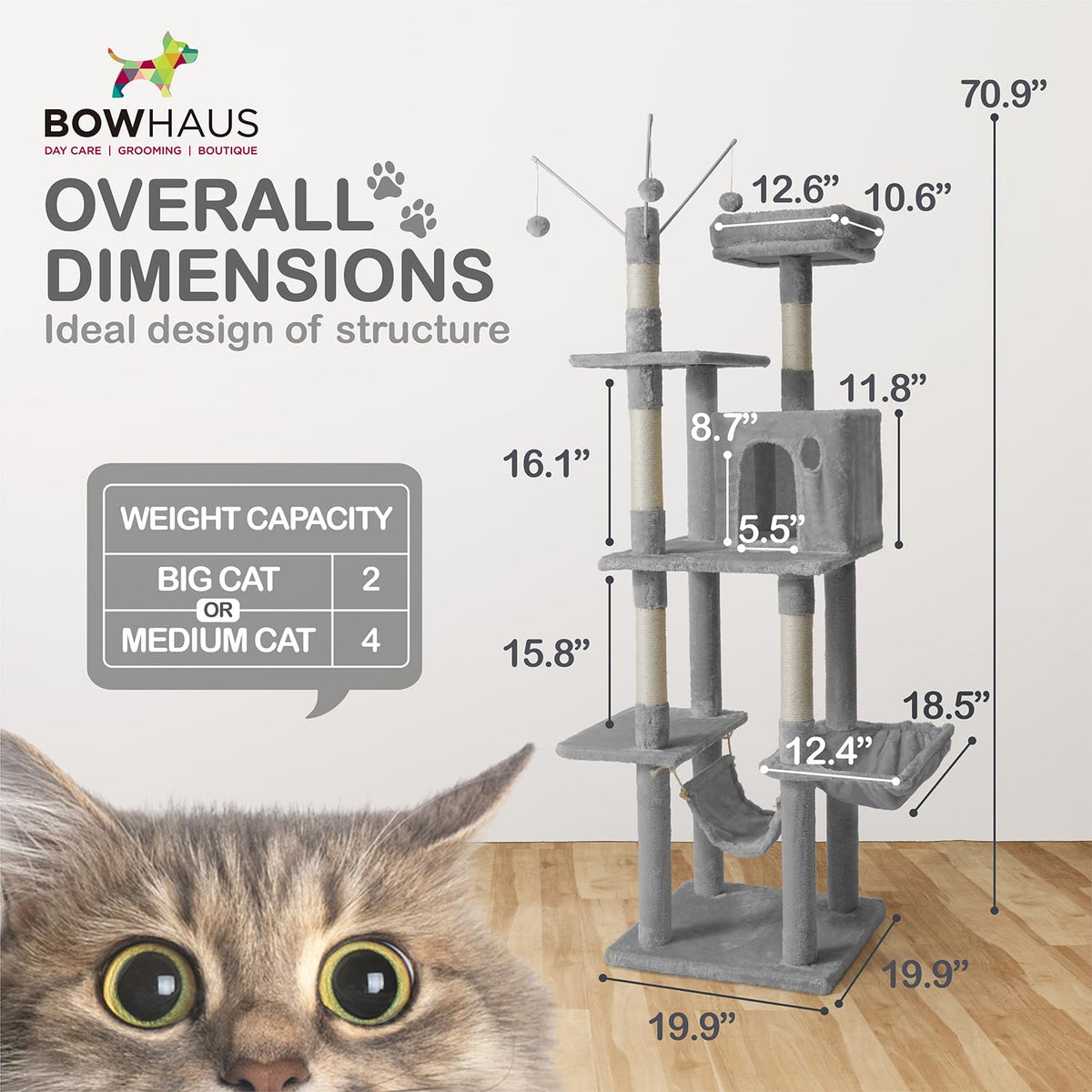 Tall Multi-Level Cat Tree with Scratching Posts, Hammock, Cat Cave Condo T50735