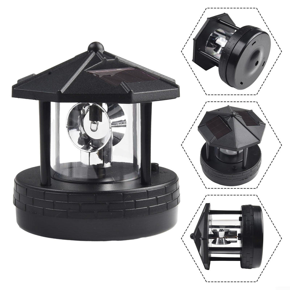 Solar Lighthouse Garden Light Rotatable Shade 360-Degree Outdoor Waterproof Lawn Street Lighting 2 Solar Panels Fast Charging ABS Material White Light Black Red 1pc 11x10x11cm(black) L1063