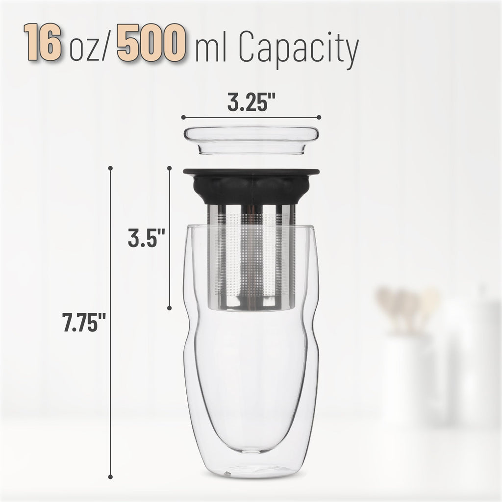 Double Wall Glass Tea Cup with Stainless Steel Infuser and Lid, 16 oz, 2 Pack J324
