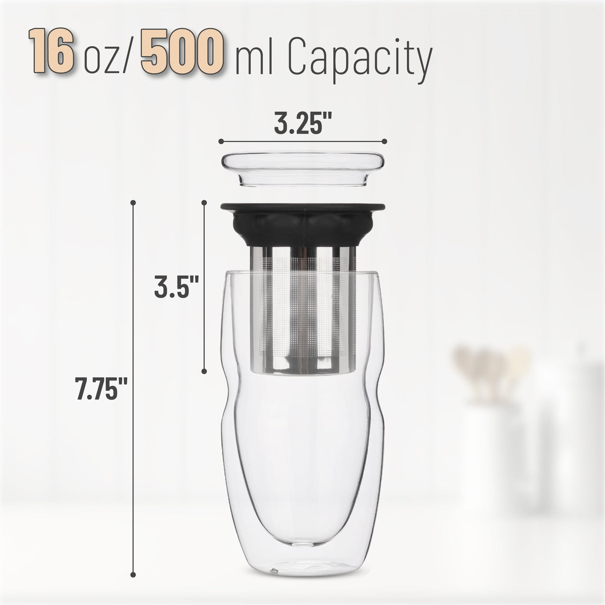 Double Wall Glass Tea Cup with Stainless Steel Infuser and Lid, 16 oz, 2 Pack J324