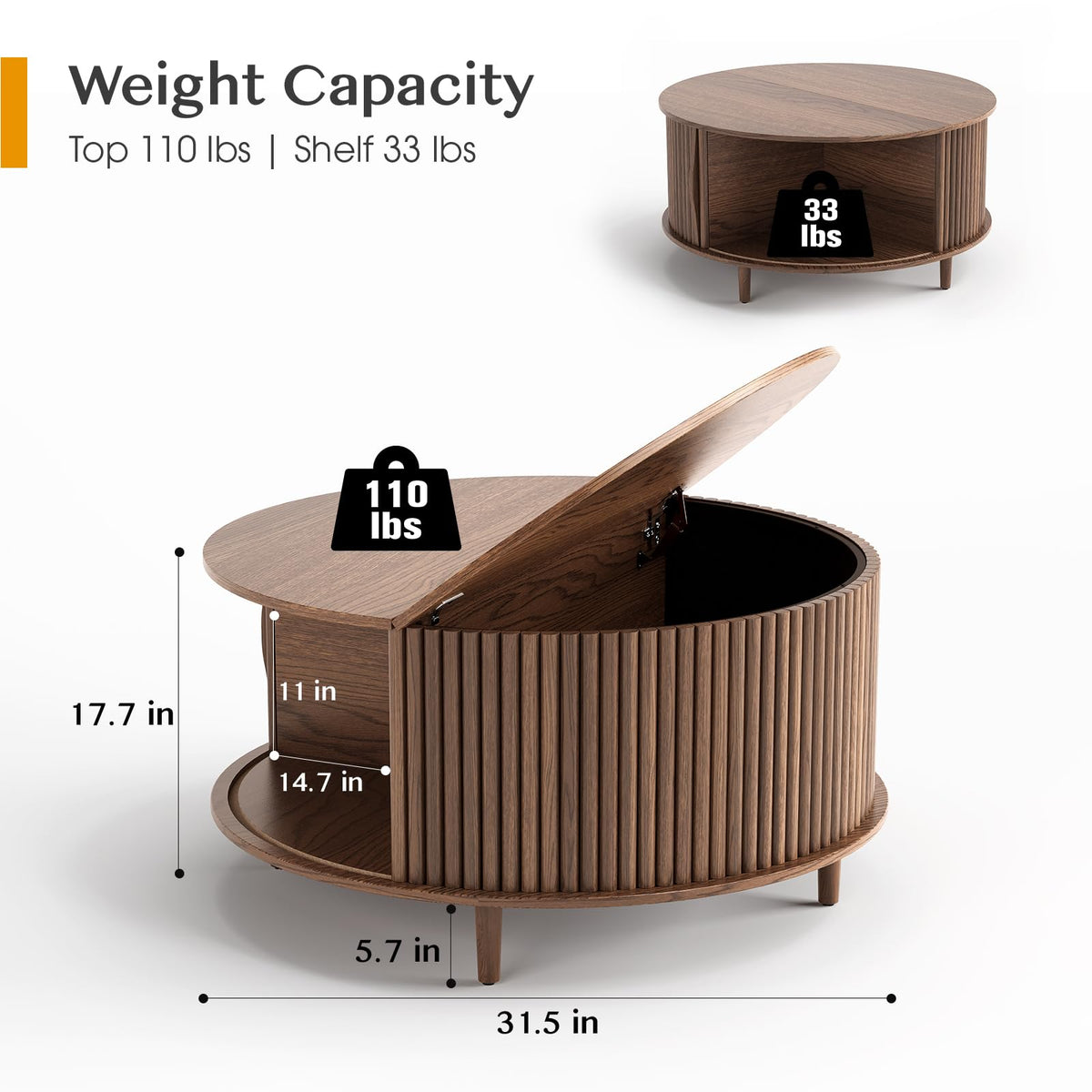 Round Coffee Table with Storage, 31.5", Walnut P774