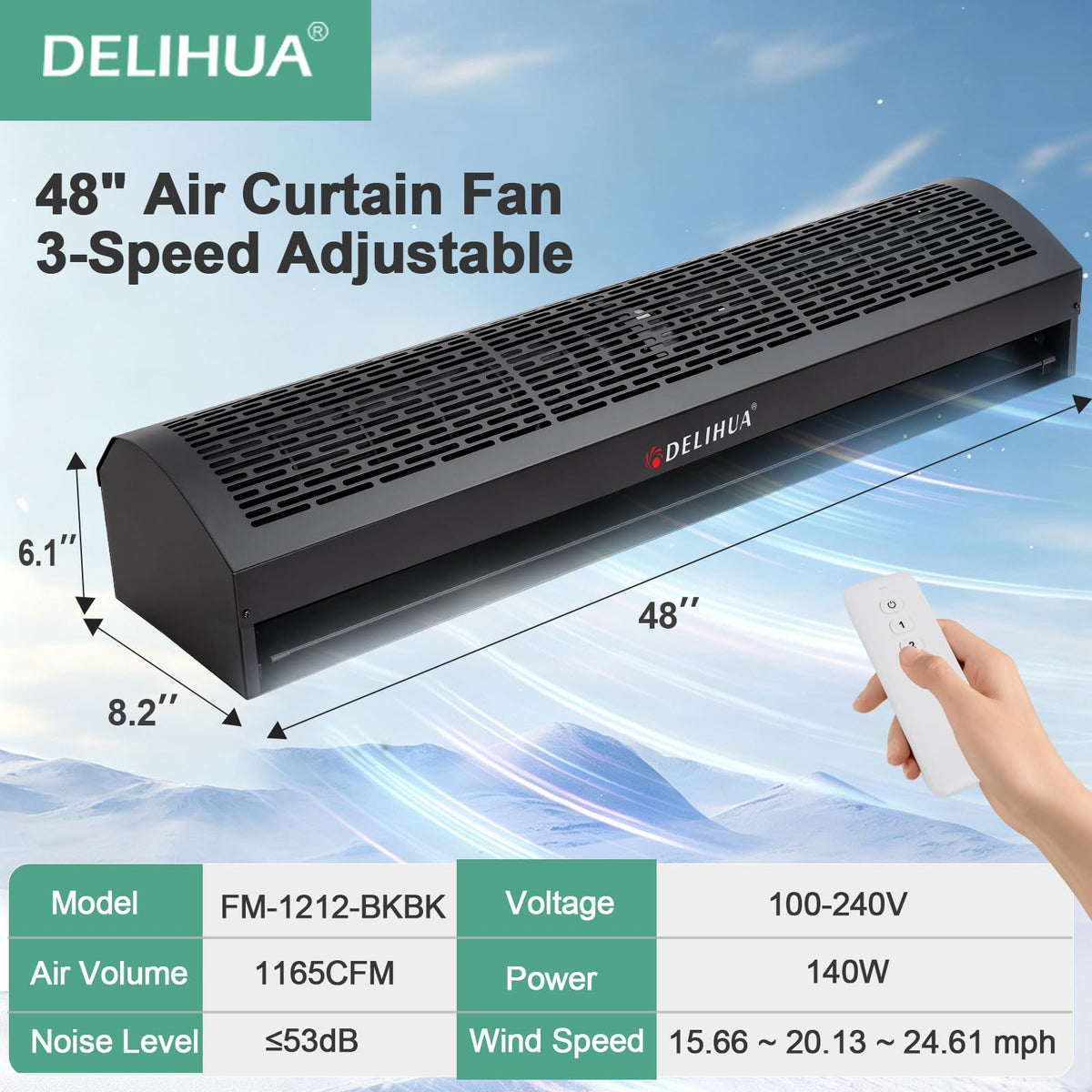 48 Inch Black Air Curtain Fan with Magnetic Door Switch M847