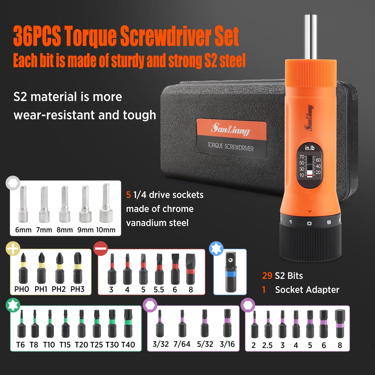36Pcs Torque Screwdriver Wrench Set with 29 S2 Bits I112726