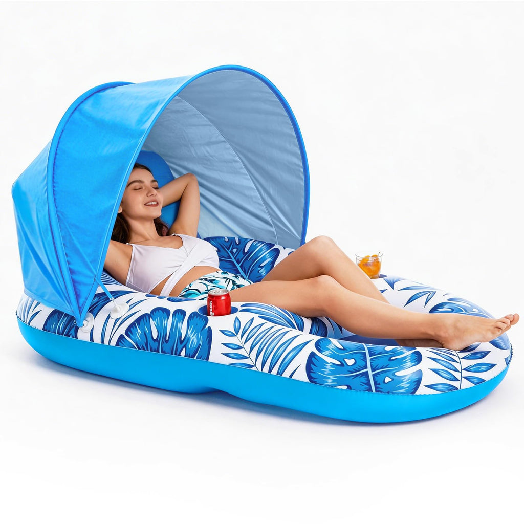 Inflatable Pool Float Lounger with Canopy and Cup Holders F57388