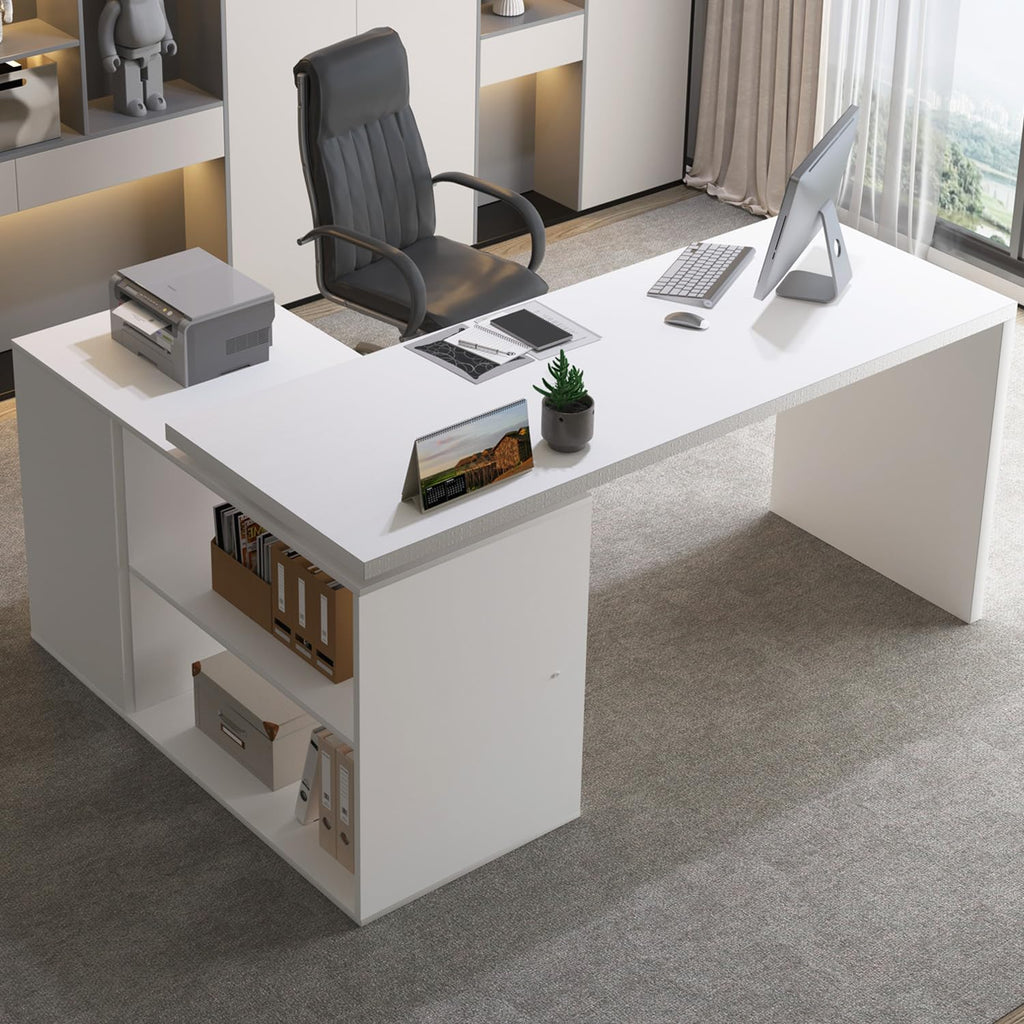 White L Shaped Corner Desk with 3 Drawers 55 inch J962