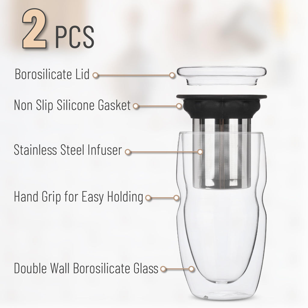 Double Wall Glass Tea Cup with Stainless Steel Infuser and Lid, 16 oz, 2 Pack J324