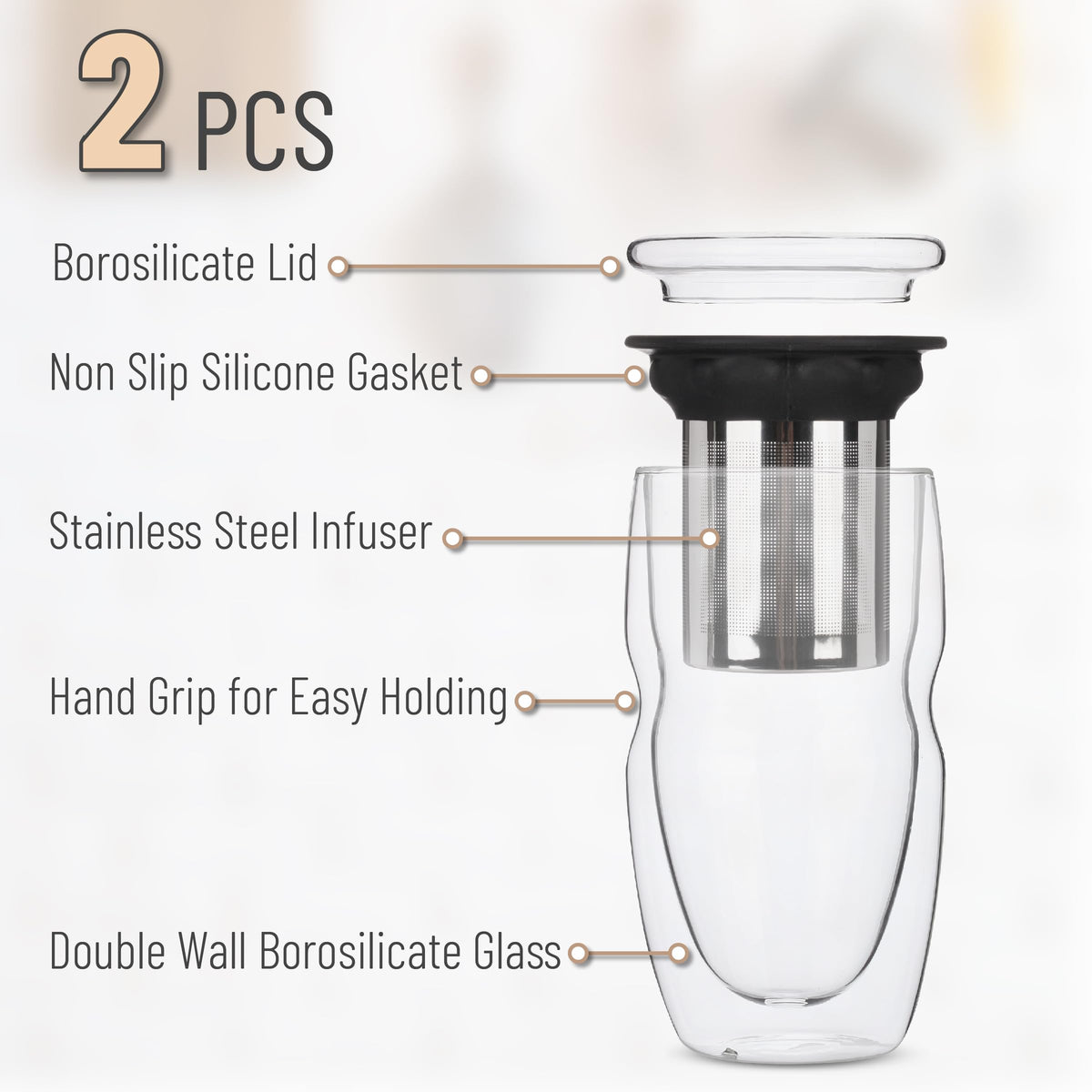 Double Wall Glass Tea Cup with Stainless Steel Infuser and Lid, 16 oz, 2 Pack J324