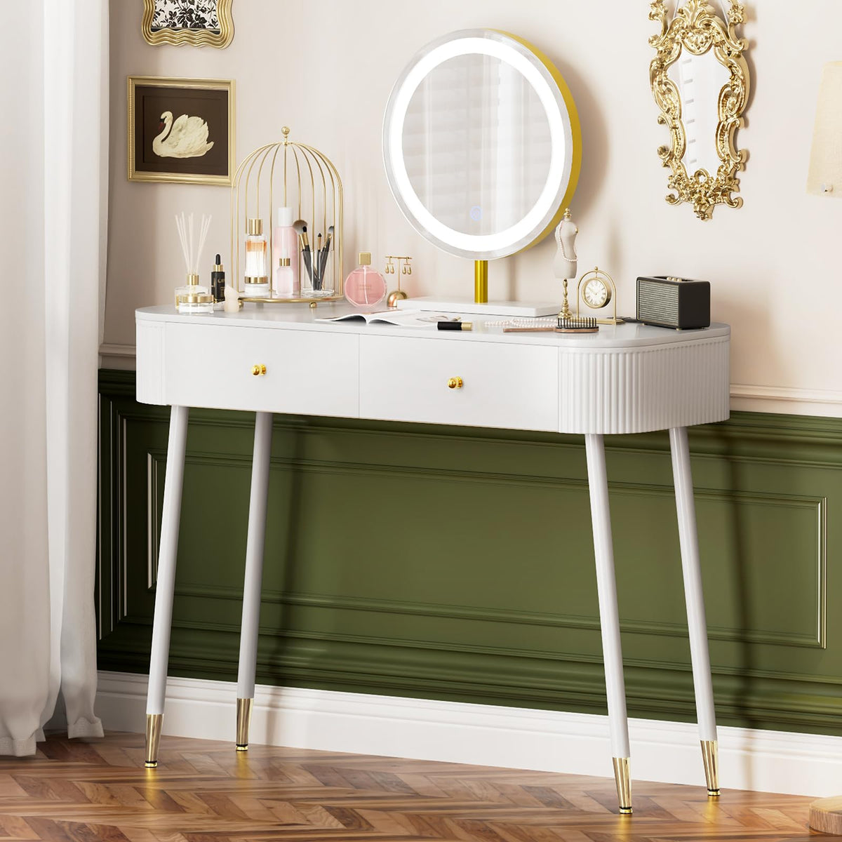 White 40" Vanity Desk with Mirror and Lights S6509