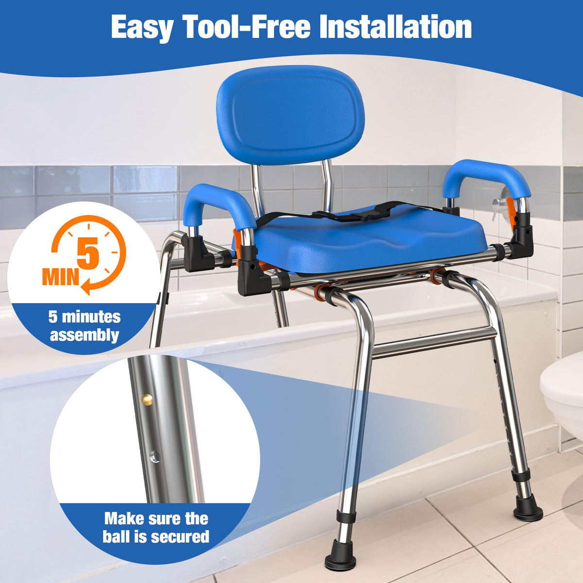 Sliding Shower Chair with 360° Swivel Seat and Adjustable Height D746