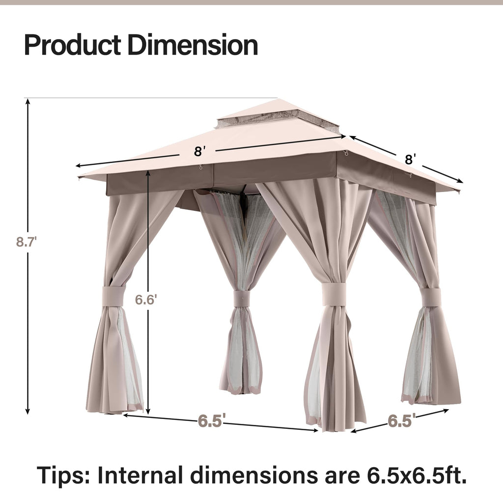 8x8 Outdoor Gazebo with Curtains, Netting & Double Roof H57898