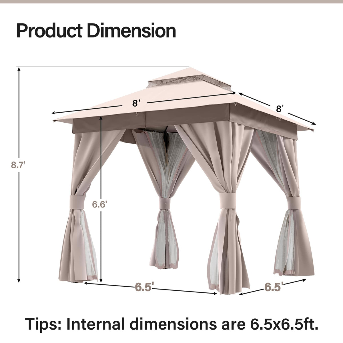 8x8 Outdoor Gazebo with Curtains, Netting & Double Roof H57898