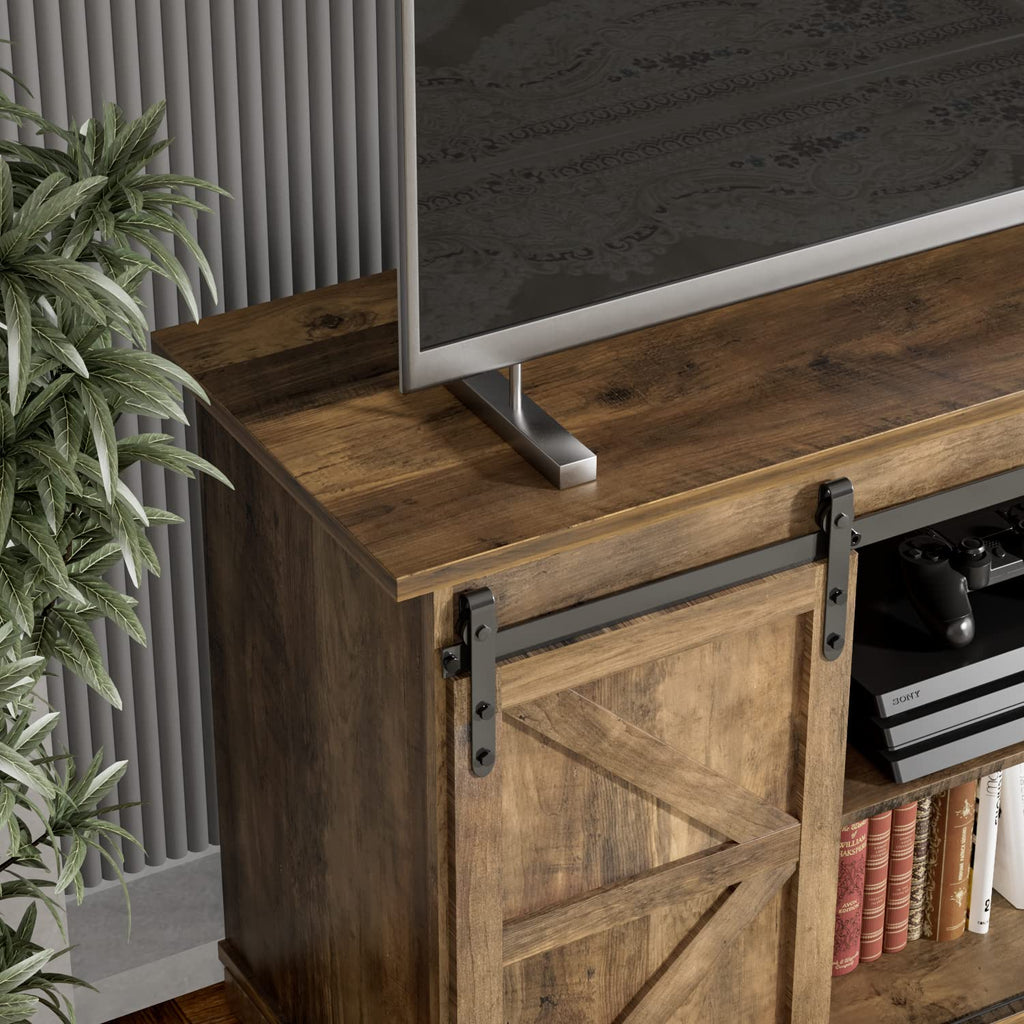 Farmhouse TV Stand for 65 Inch TV with Sliding Barn Doors and Storage Cabinets V481