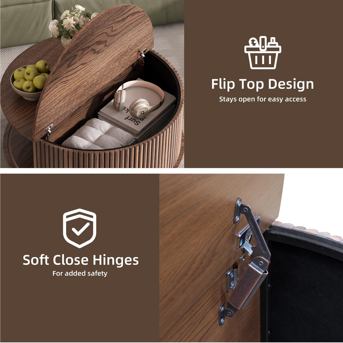 Round Coffee Table with Storage, 31.5", Walnut P774