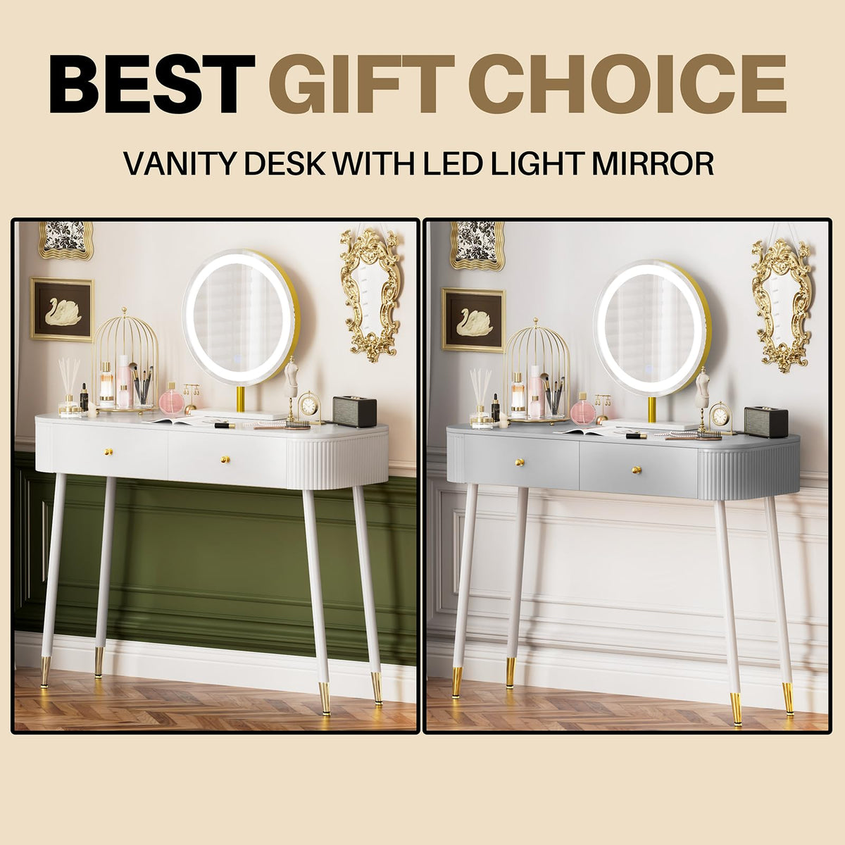White 40" Vanity Desk with Mirror and Lights S6509