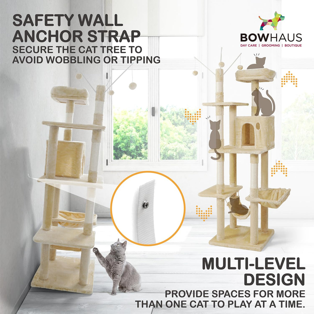 Tall Multi-Level Cat Tree with Scratching Posts, Hammock, Cat Cave Condo T50735
