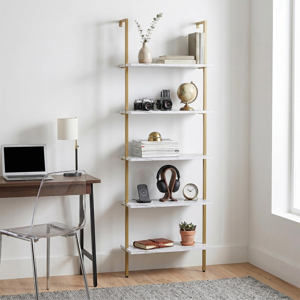 White 5-Tier Ladder Bookshelf Y63913
