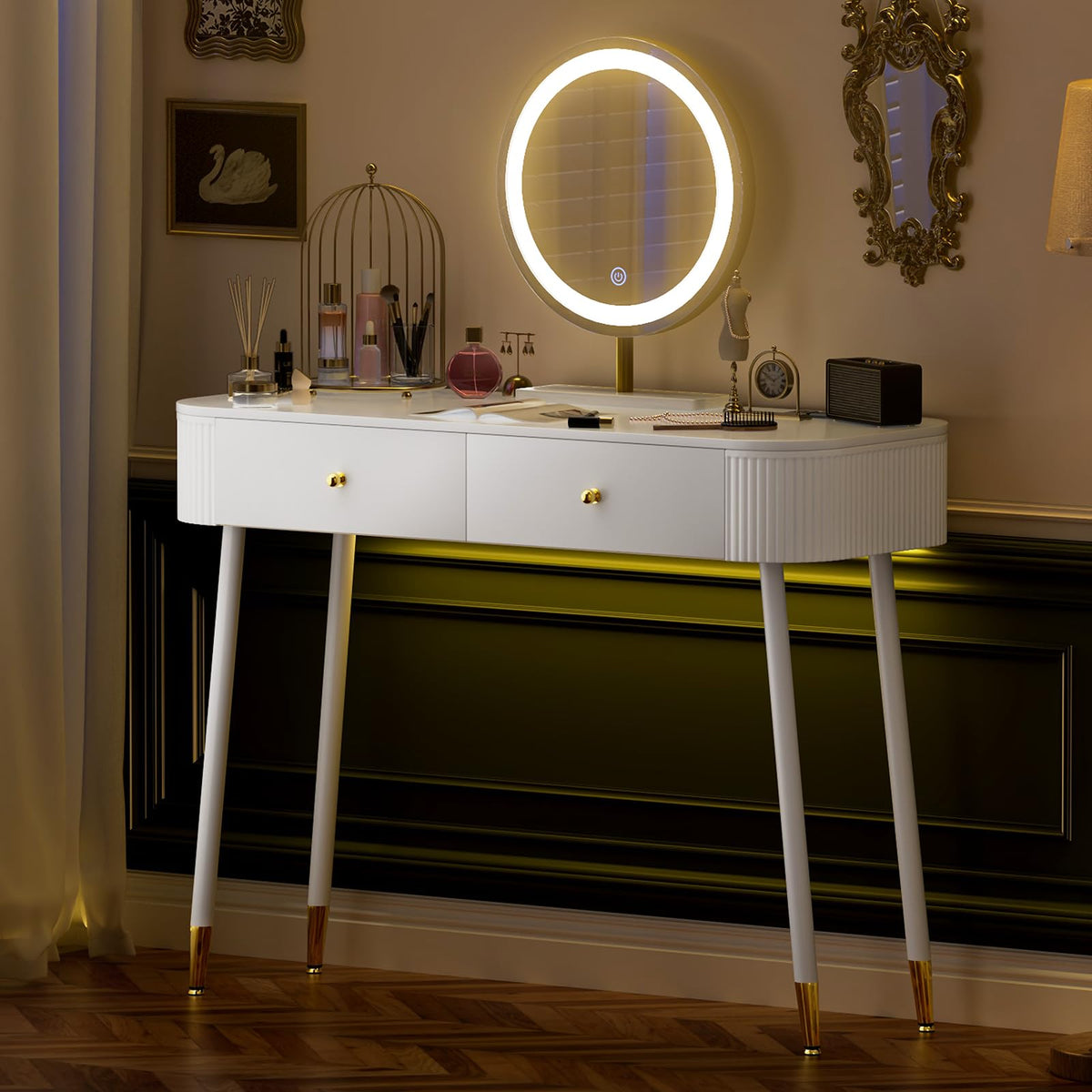 White 40" Vanity Desk with Mirror and Lights S6509