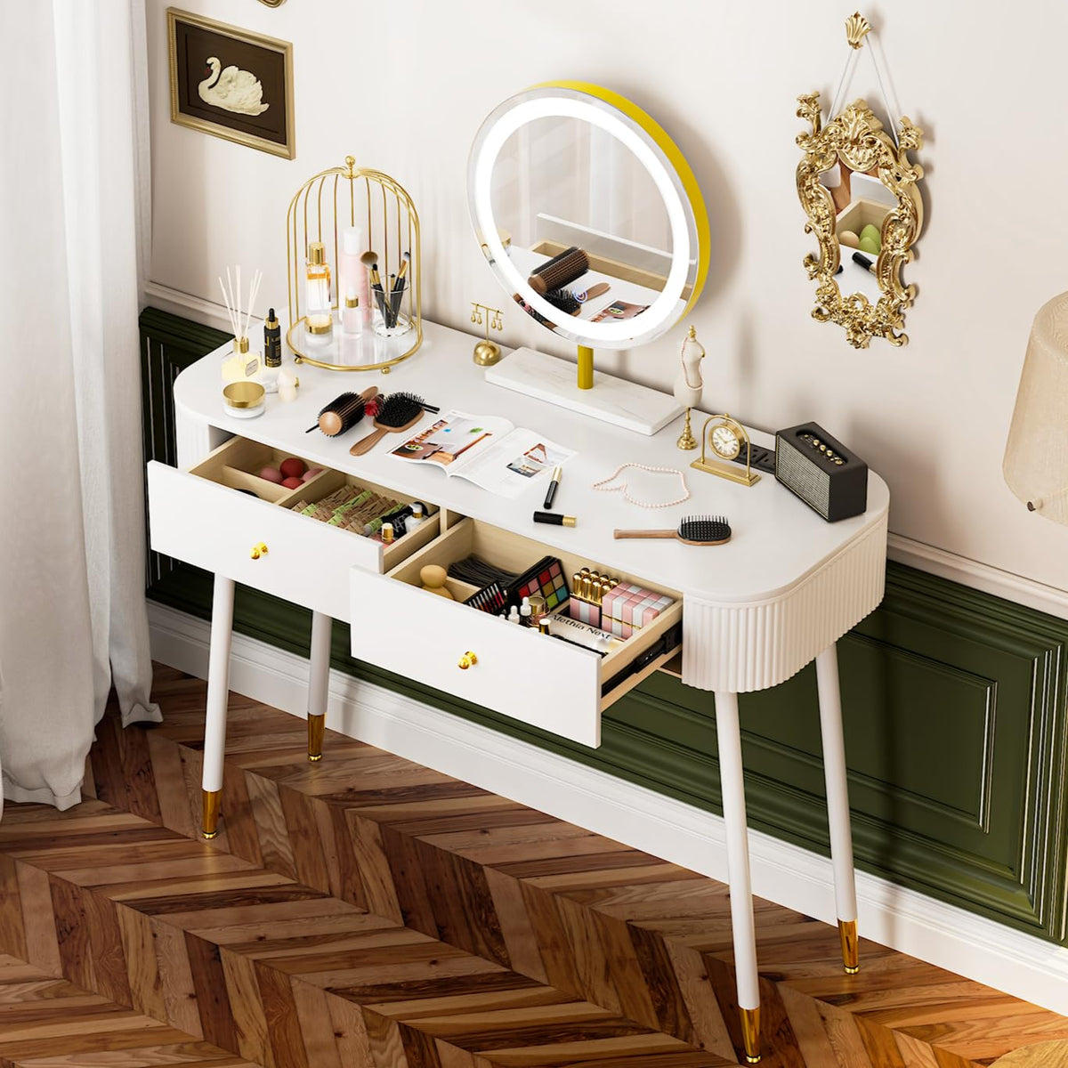 White 40" Vanity Desk with Mirror and Lights S6509