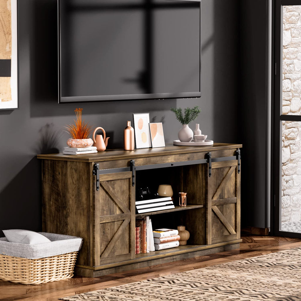 Farmhouse TV Stand for 65 Inch TV with Sliding Barn Doors and Storage Cabinets V481