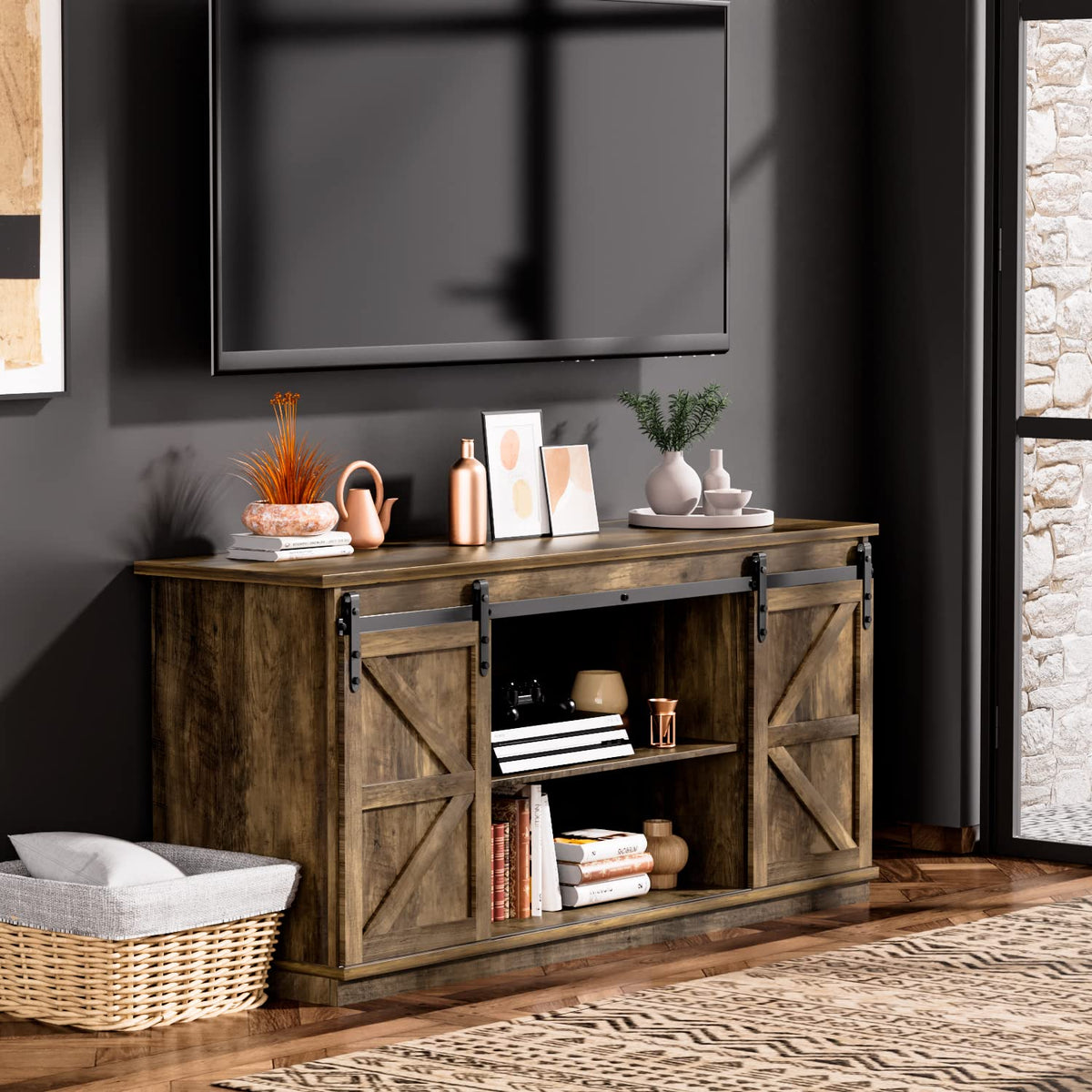 Farmhouse TV Stand for 65 Inch TV with Sliding Barn Doors and Storage Cabinets V481