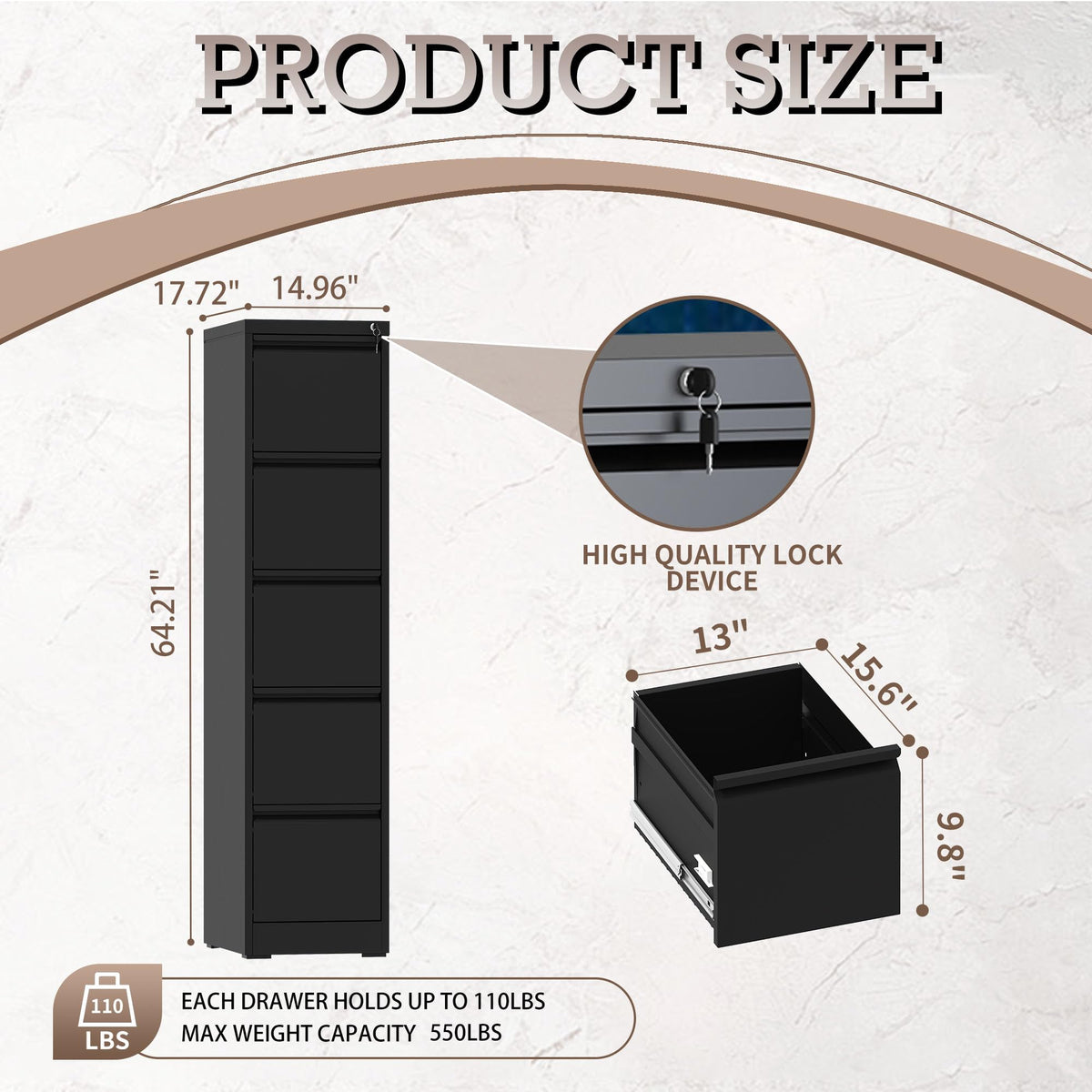 5 Drawer Black Filing Cabinet with Lock Q1218