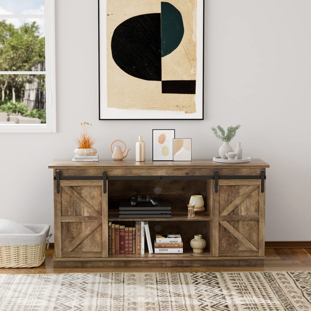 Farmhouse TV Stand for 65 Inch TV with Sliding Barn Doors and Storage Cabinets V481