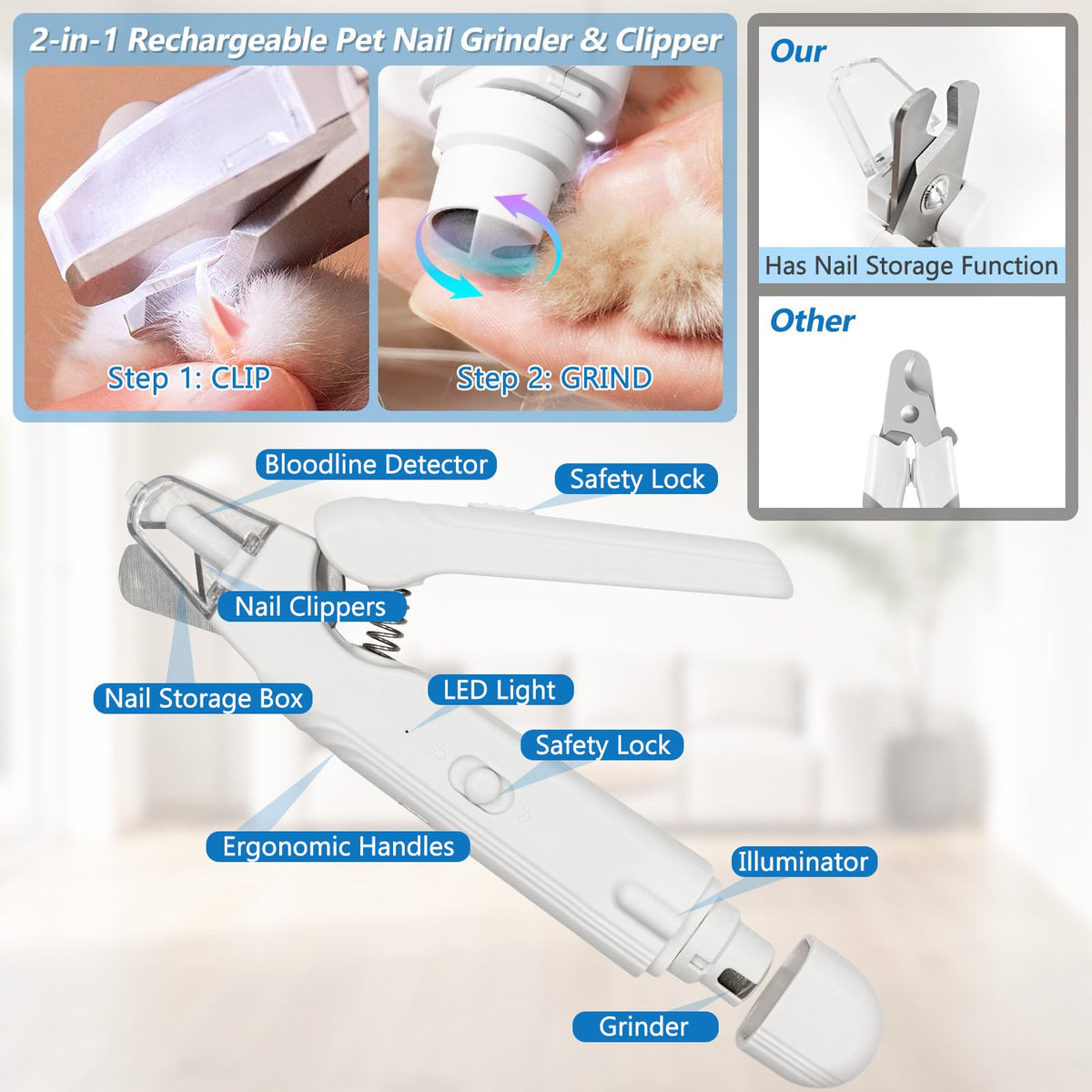 2-in-1 LED Pet Nail Clipper & Grinder with Lights D583