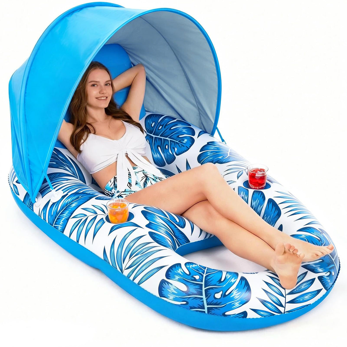 Inflatable Pool Float Lounger with Canopy and Cup Holders F57388