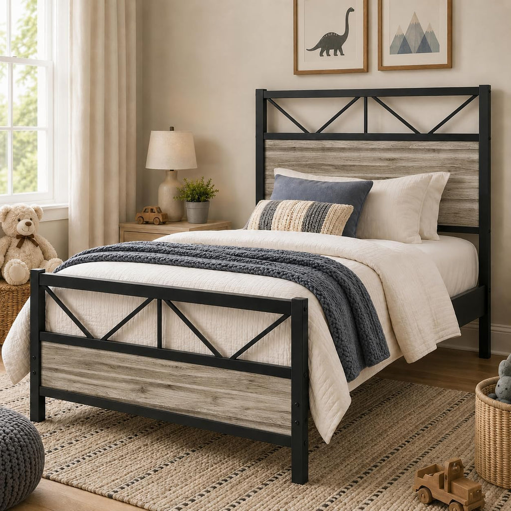 Wash Grey Twin Size Bed Frame with Tall Headboard L8689