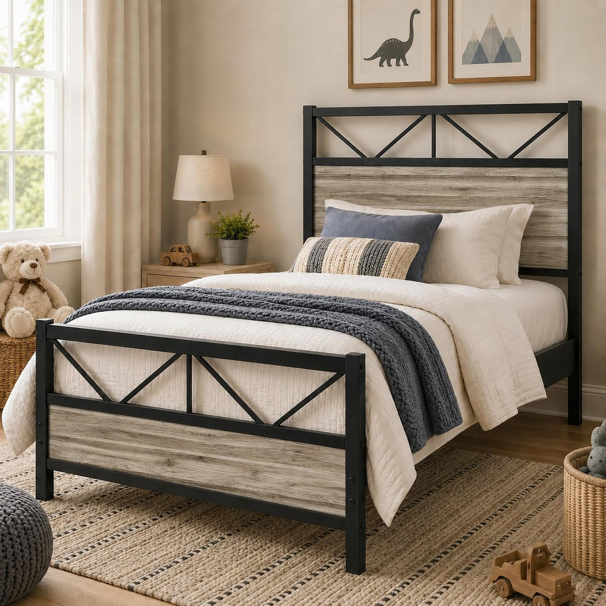 Wash Grey Twin Size Bed Frame with Tall Headboard L8689