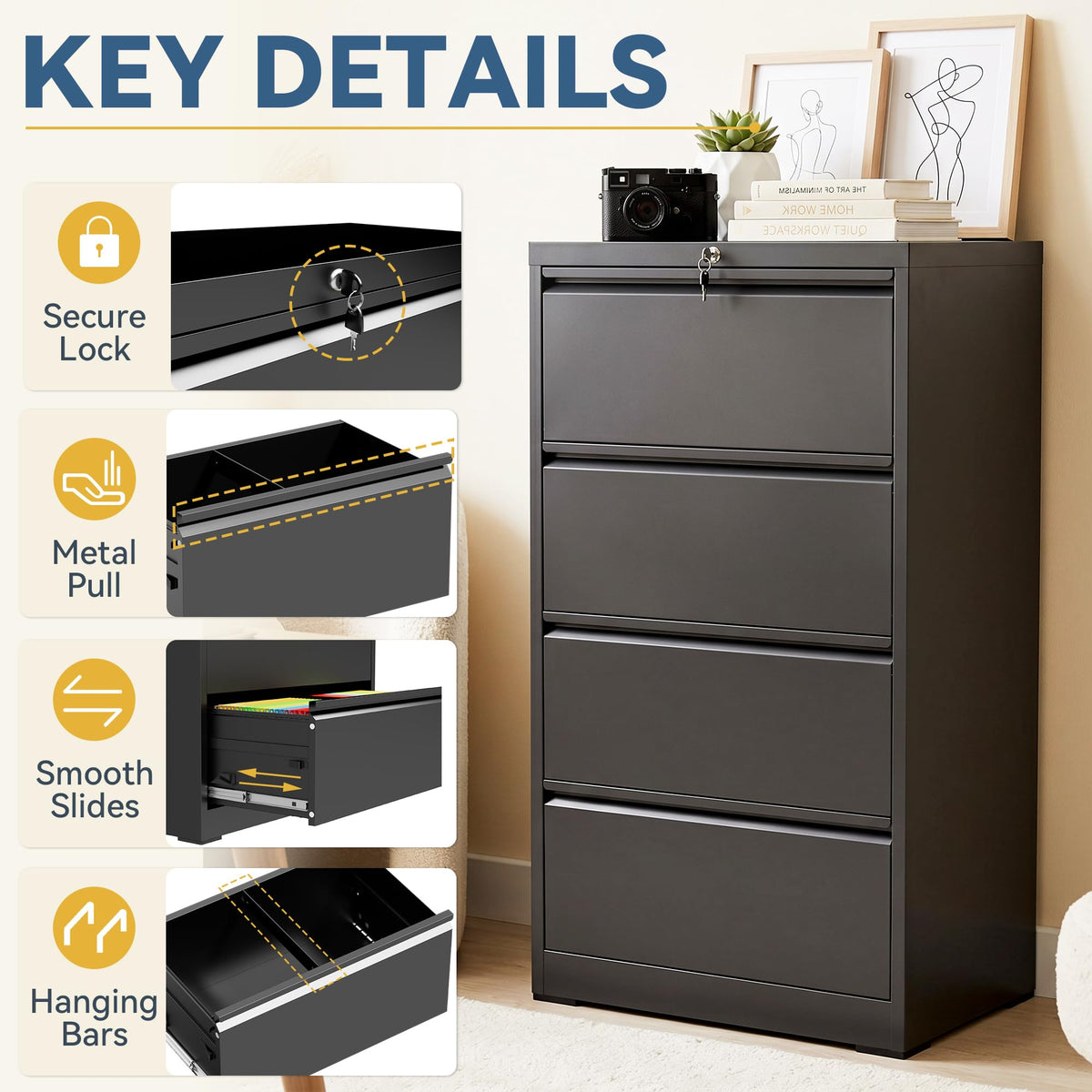 4 Drawer Black Metal File Cabinet with Lock O103793