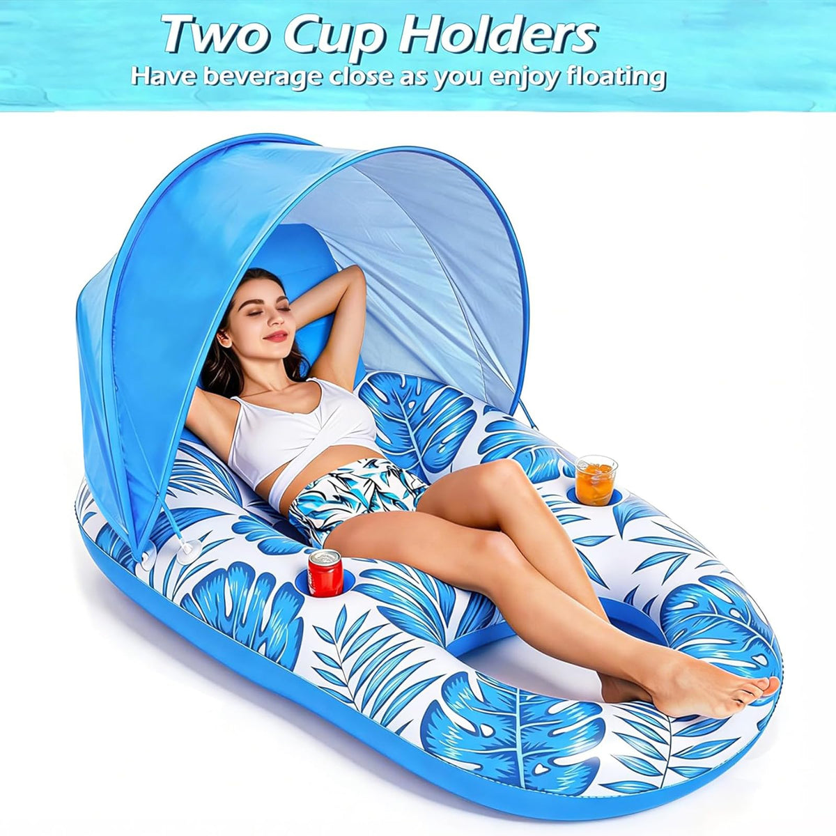 Inflatable Pool Float Lounger with Canopy and Cup Holders F57388