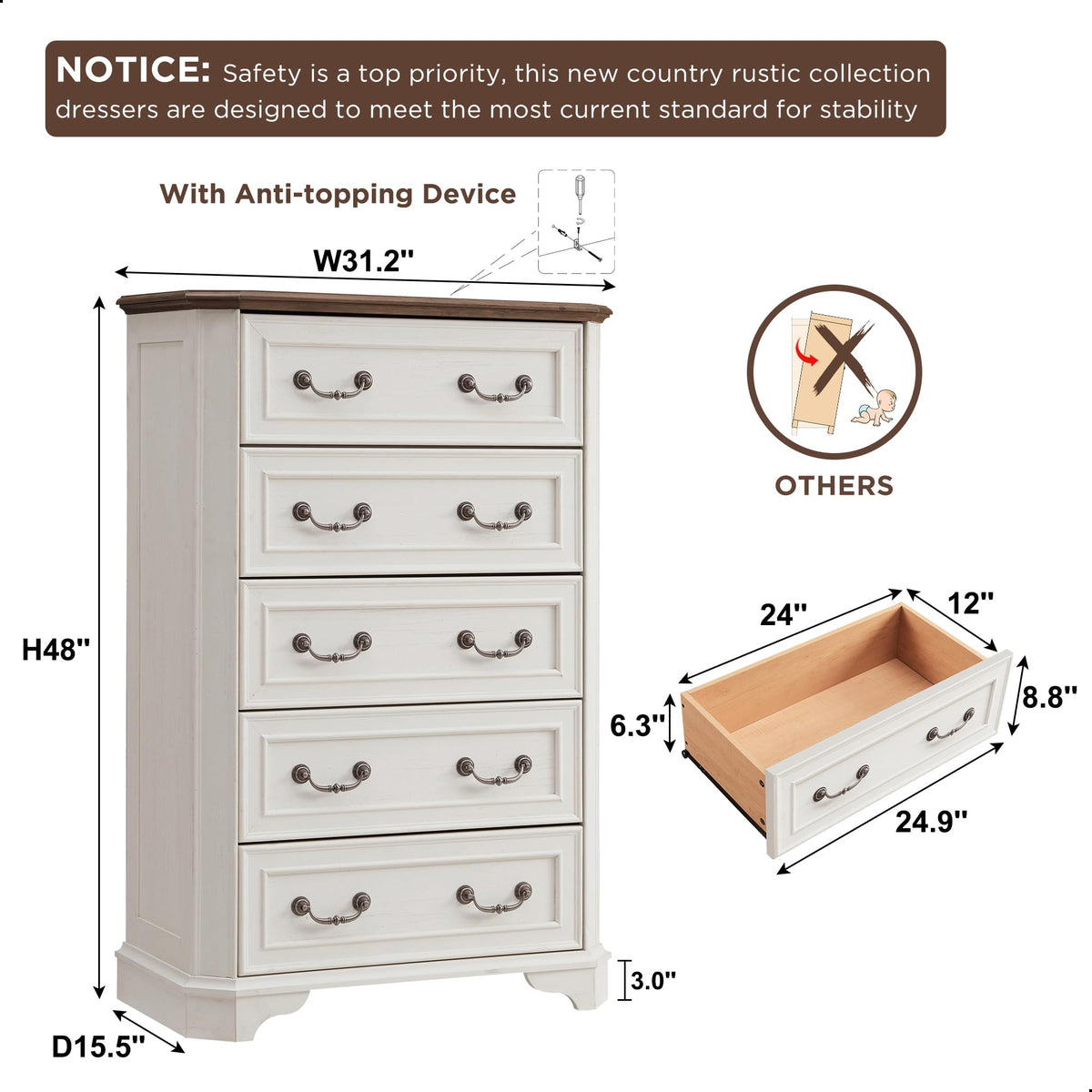 Antique White 5 Drawer Wood Dresser Y21179